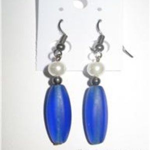 2 1/2" Blue Glass Bead & Faux Pearl Silver Dangling hook Pierced Earrings